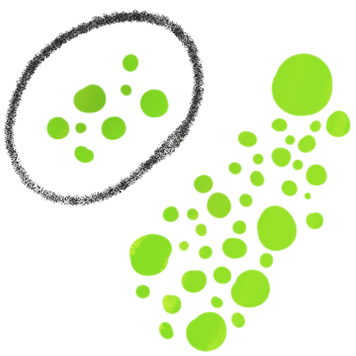 A black circle with 7 green dots inside, and many more outside of it.